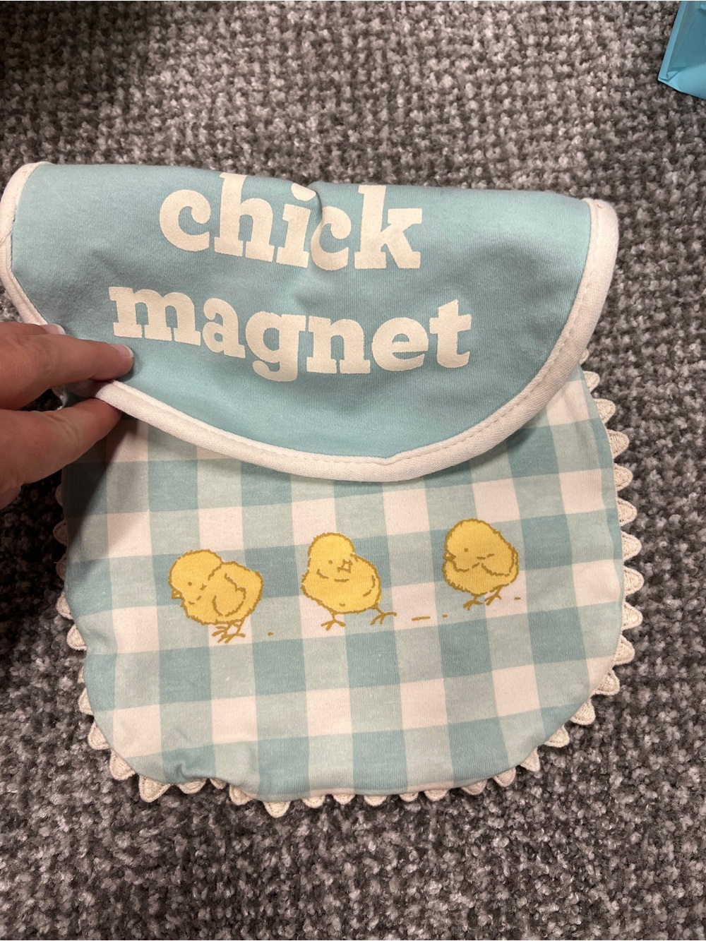 NEW Pearhead cloth baby bibs set of 2 chick magnet chickens farm blue Velcro boy